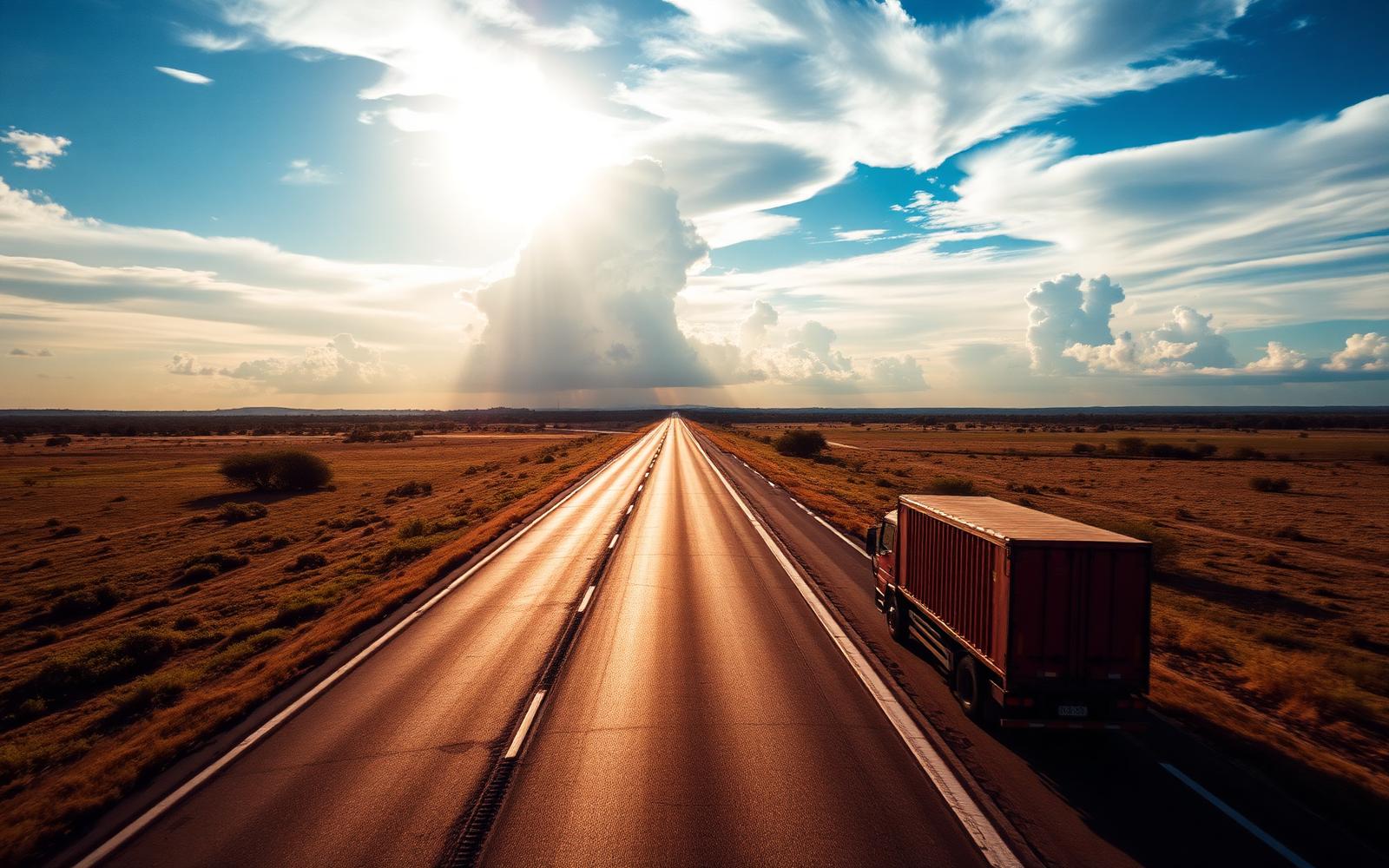 Rodovia BR-050 em Uberlândia ao entardecer com carreta em movimento